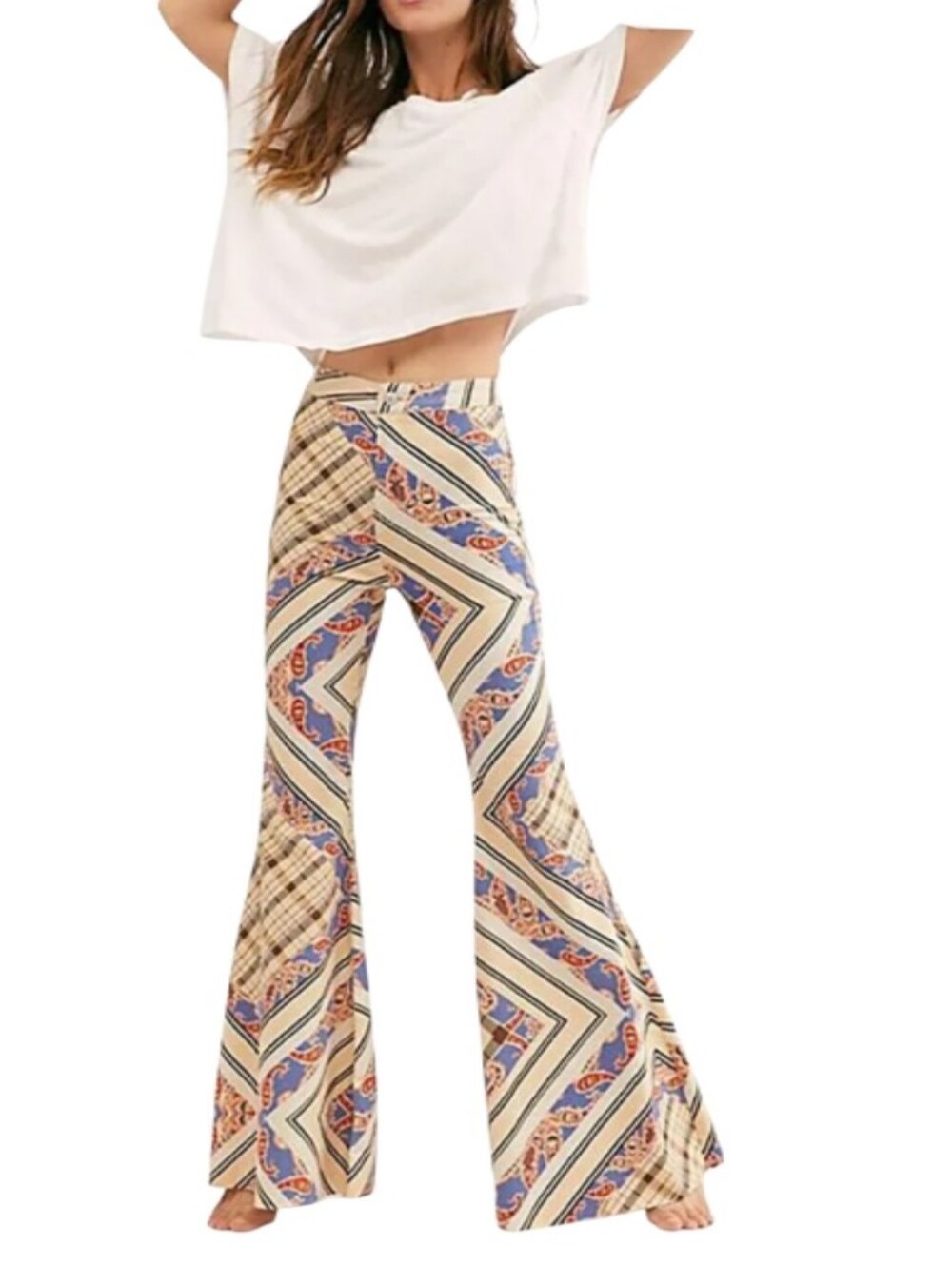 Free People Float On By Boho Geometric Print Super Flare High-Rise Jeans